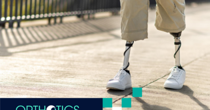 A walking man with prosthetic legs and white sneakers