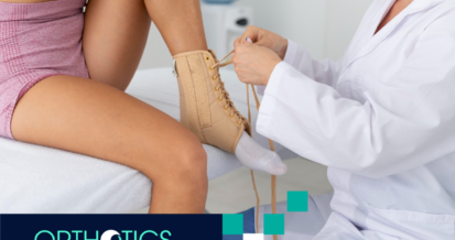 A medical practitioner helping a kid fit a pediatric orthotics