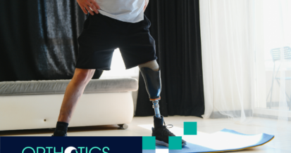 An amputee wearing a prosthetic limb is doing physical therapy