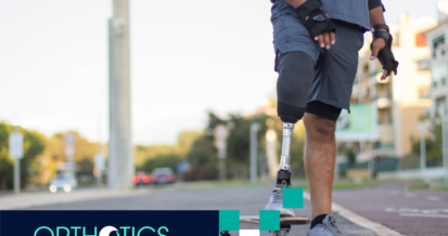 An amputee wearing a prosthetic leg skating outdoors